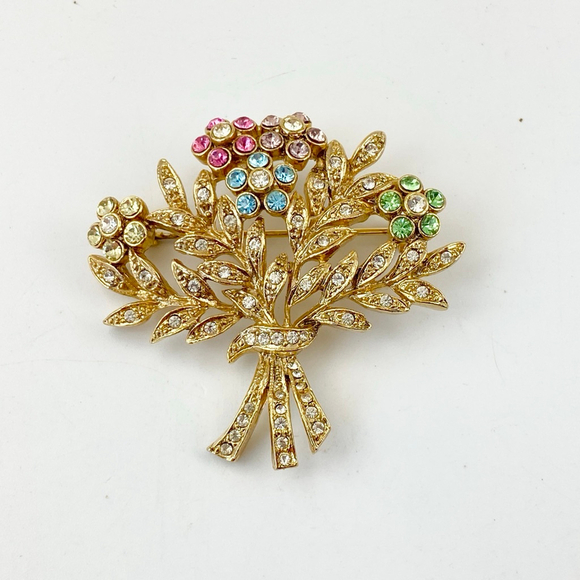 Vintage Rachel Colorful Rhinestone Flower Bouquet Gold Tone Brooch. - Picture 4 of 7